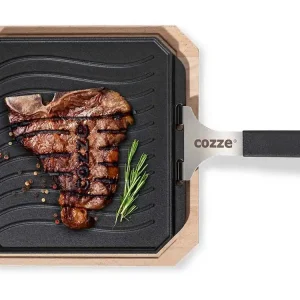 Cozze Gusseisenpfanne mit Bambus Servierbrett, 30 x 30 cm Begrenztes Angebot